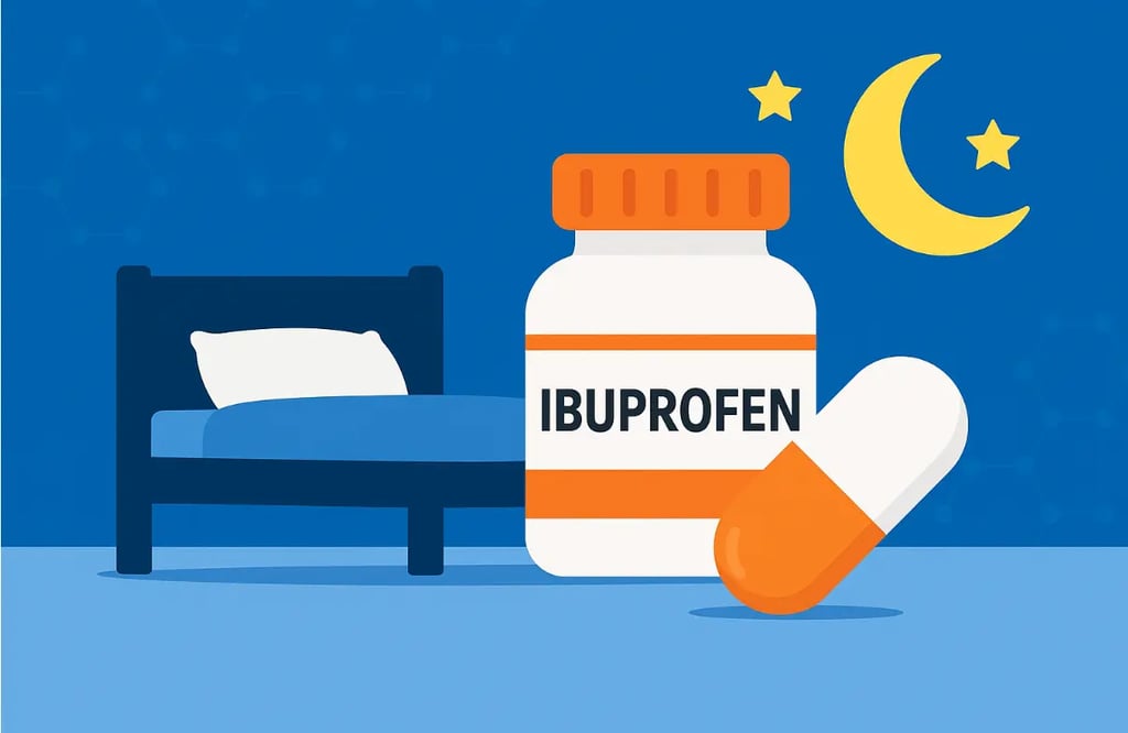 llustration of ibuprofen pill bottle and capsule beside a bed with moon and stars, symbolizing nighttime ibuprofen use.