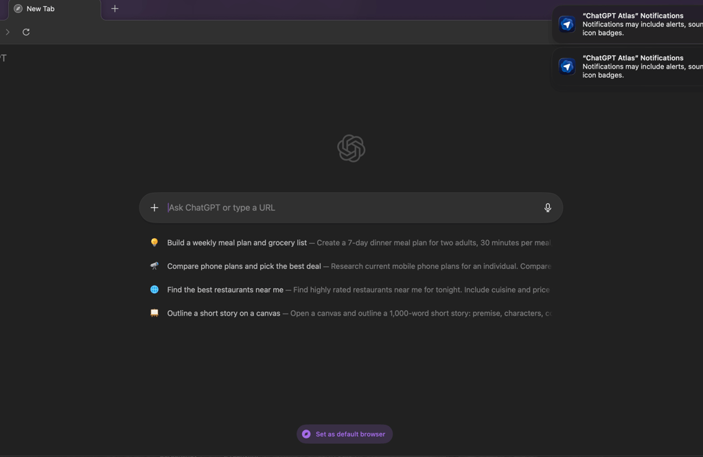 ChatGPT Atlas browser homepage showing search bar and personalized suggestions for new tab