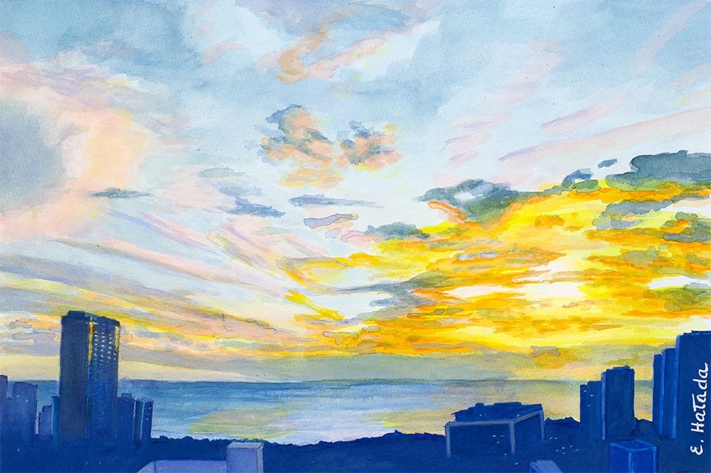 Watercolor painting of a sunset in Waikiki