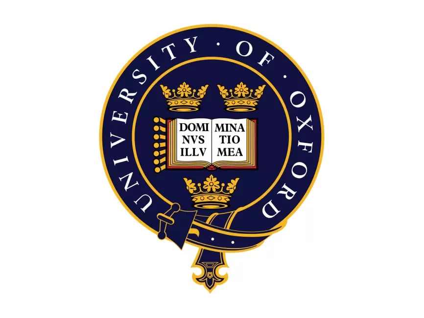 Crest of Oxford University, blue background with gold accents, book and crowns emblem