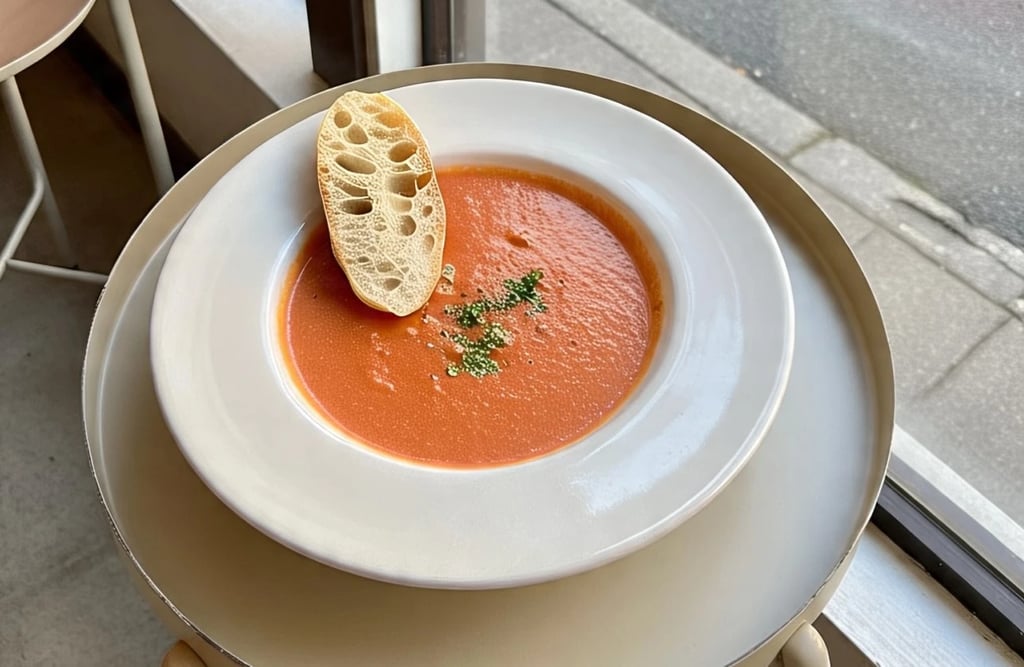 a bowl of soup with breaded bread on a table
