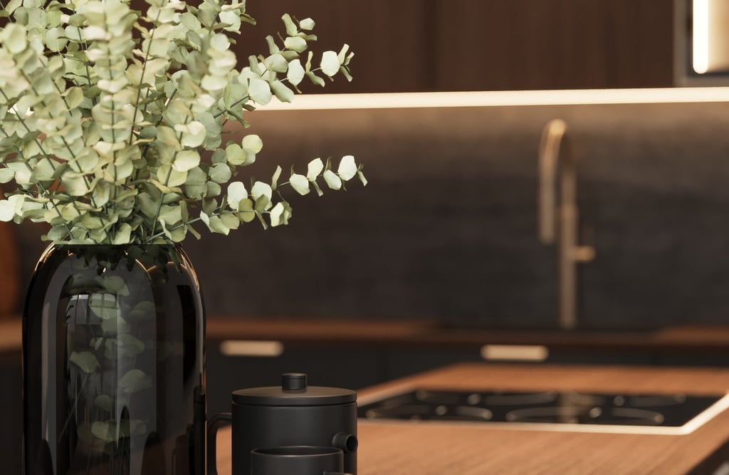 a vase with a vase of flowers in a kitchen