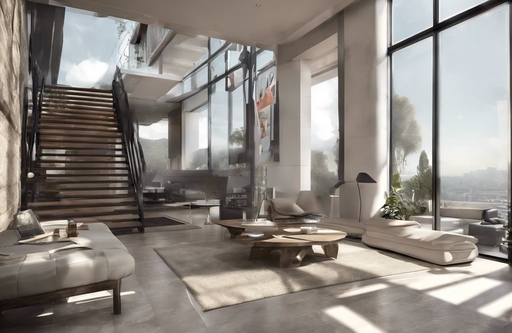 a living room with a staircase leading to a staircase