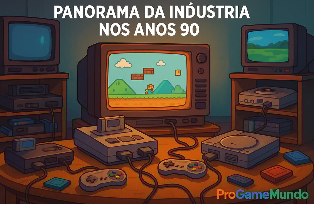 Quarto gamer dos anos 90 com consoles clássicos ligados à TV.