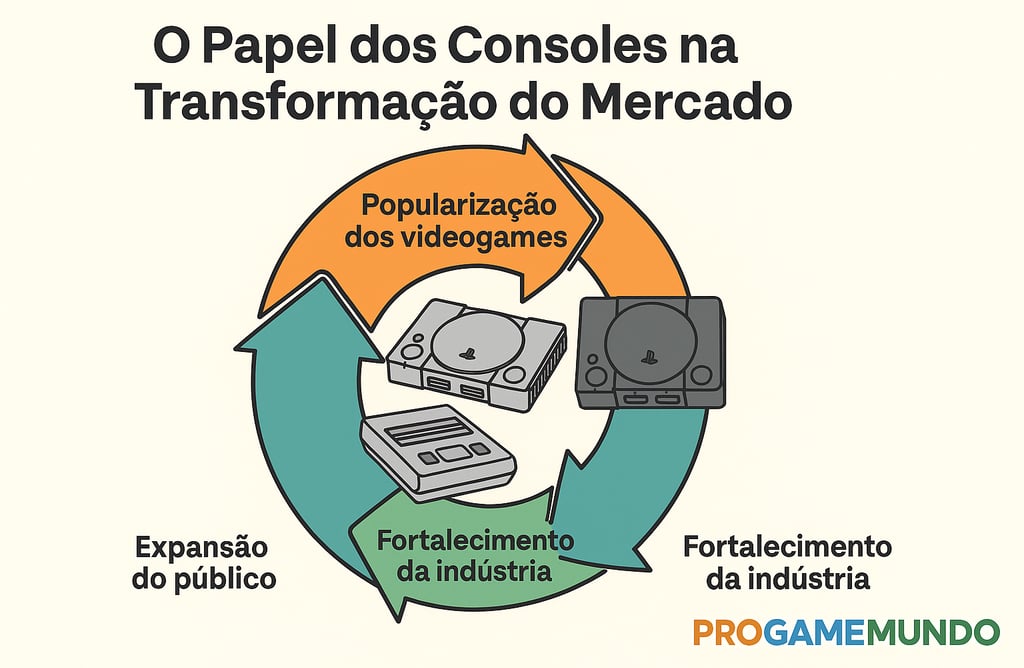 Fluxograma circular mostrando o impacto dos consoles no mercado gamer dos anos 90.