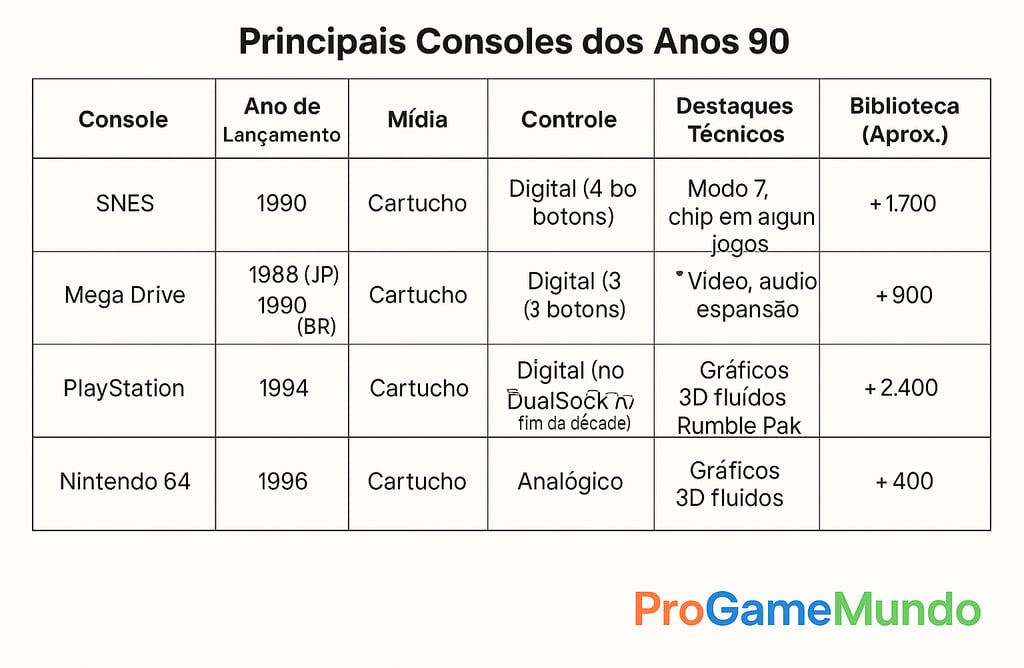 Tabela comparando os principais consoles dos anos 90 e suas especificações.