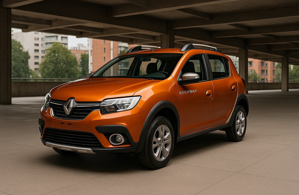 Renault Sandero Stepway cinza estacionado em área urbana moderna com prédios ao fundo.
