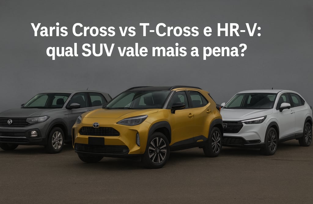 Comparativo entre Yaris Cross, Volkswagen T‑Cross e Honda HR‑V 2025 estacionados lado a lado em fund
