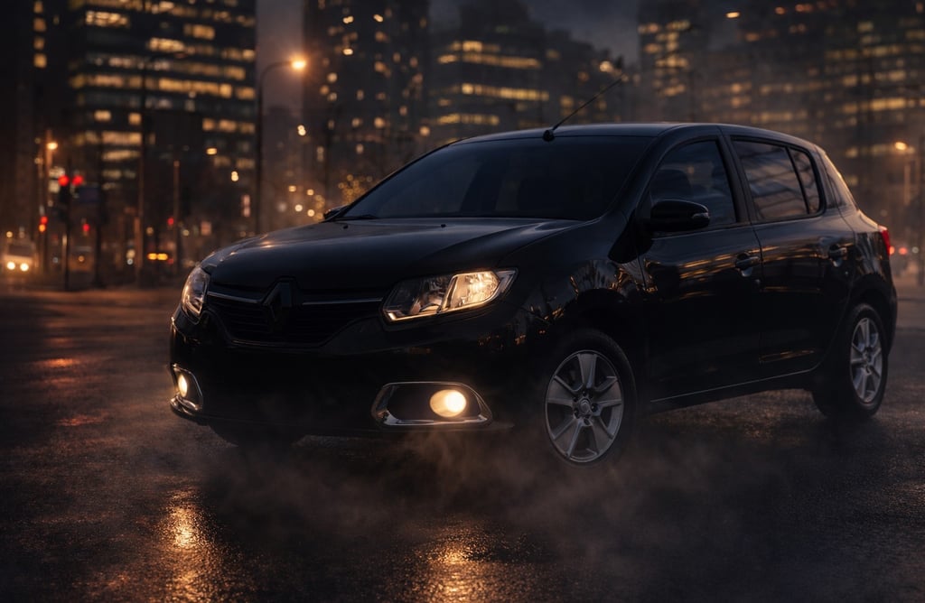 Renault Sandero Dynamique 2015 1.6 preto completo em cenário urbano noturno