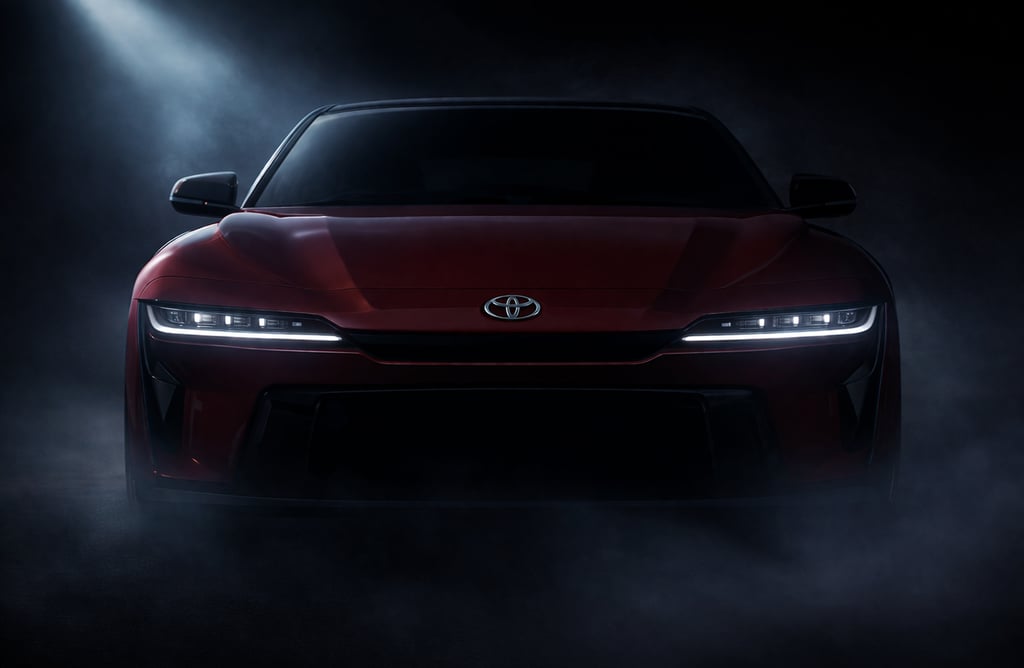 Toyota Celica 2027 teaser frontal com faróis em destaque e design esportivo em ambiente escuro