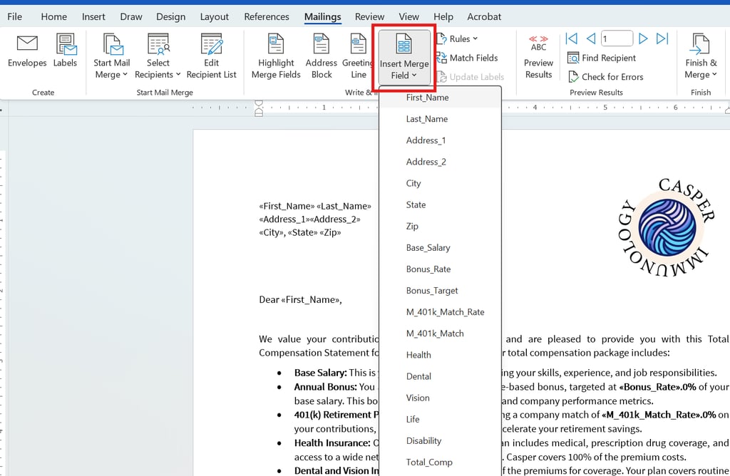 screenshot showing the Insert Merge Field dropdown list of available merge fields