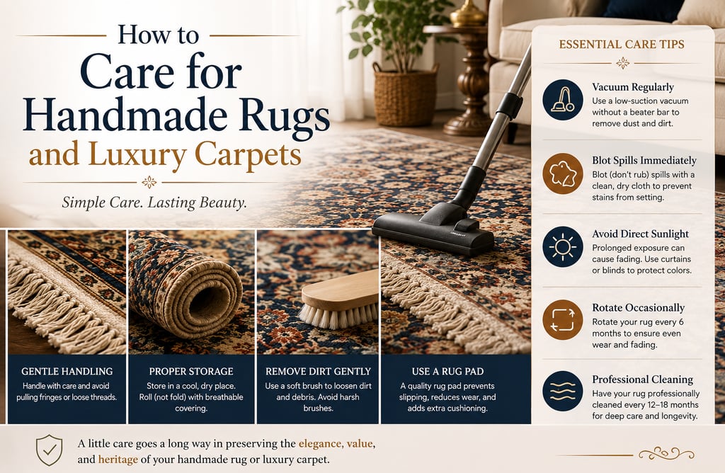 How to care for handmade rugs and luxury carpets with vacuuming, stain removal, storage, and profess