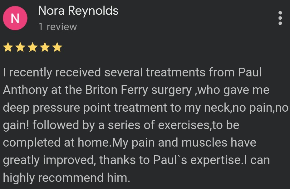 Physora Physio Google review for post-operative rehabilitation in Neath