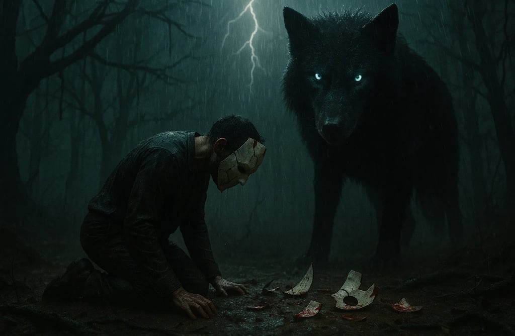 a man in a gas mask and a wolf