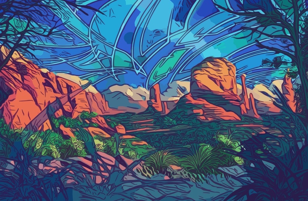 a painting of a mountain in the grand canyon with drawings in the sky