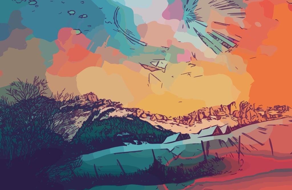 a snowy landscape with mountain and a colorful sky