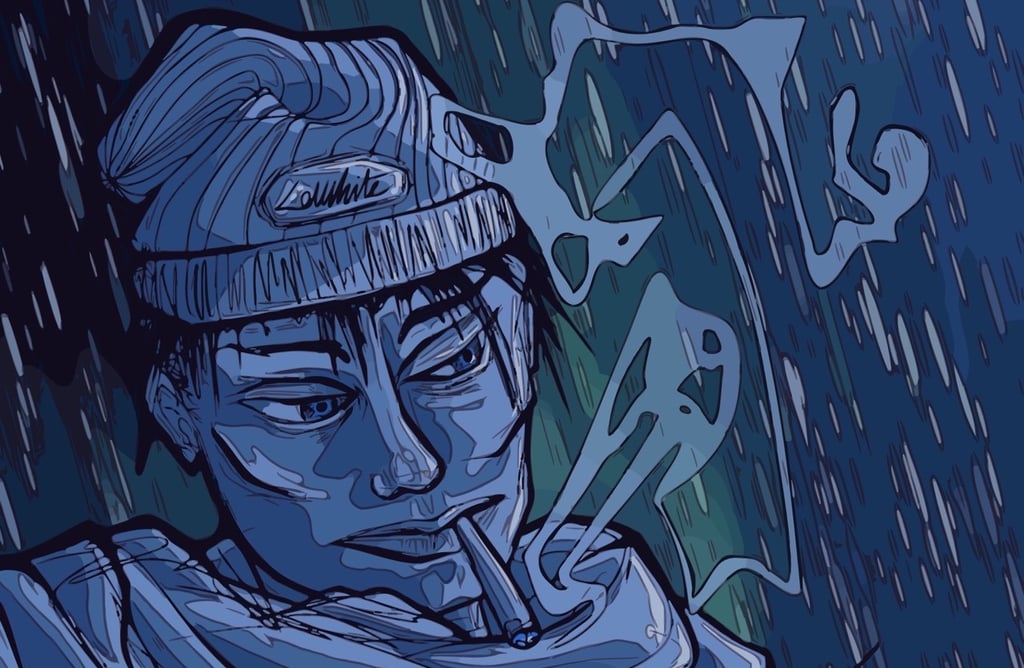 a man smoking a cigarette in a dark blue and green background