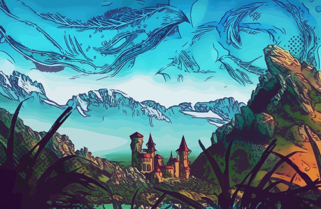 a castle like building with a sky full a whales