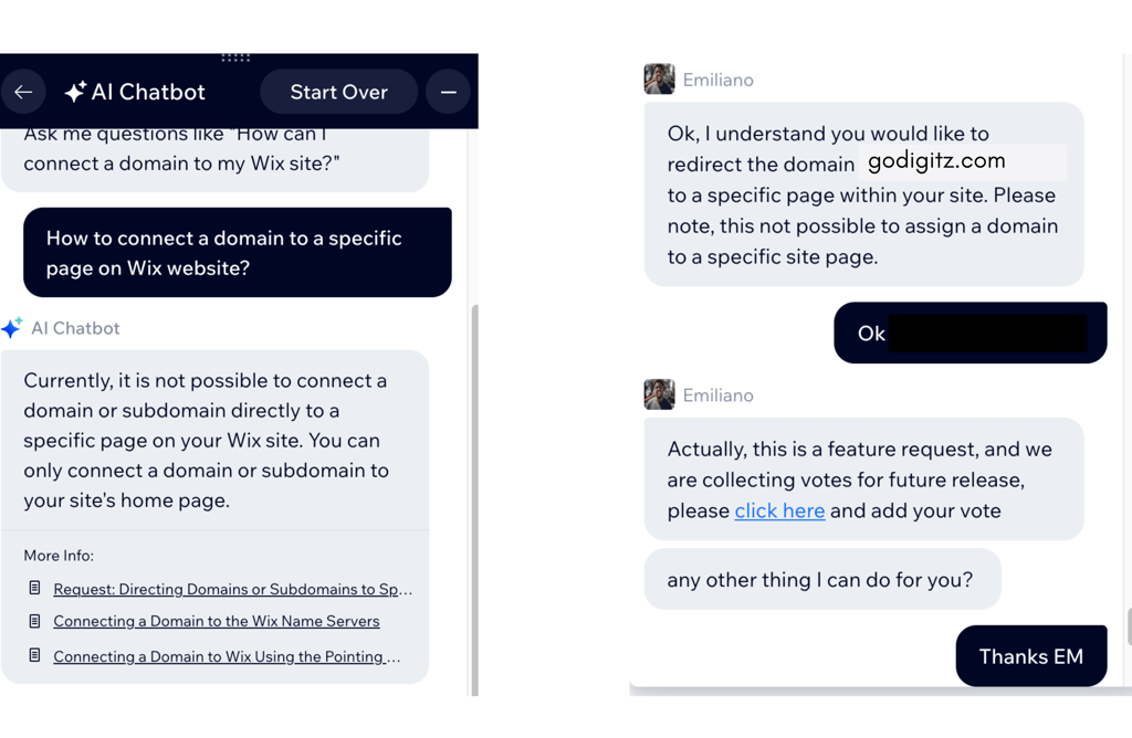 chat with wix support team for connecting a domain
