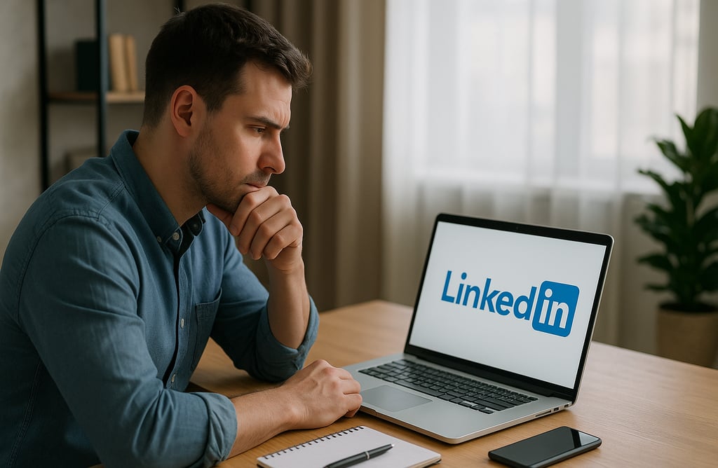 Homem jovem com expressão concentrada sentado em frente a um notebook aberto exibindo o logo do Link