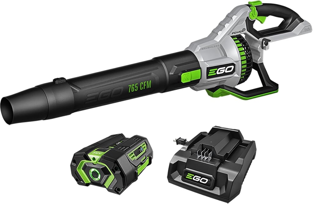 EGO Power+ 765 CFM cordless leaf blower with rechargeable 56V lithium-ion battery and charger kit.