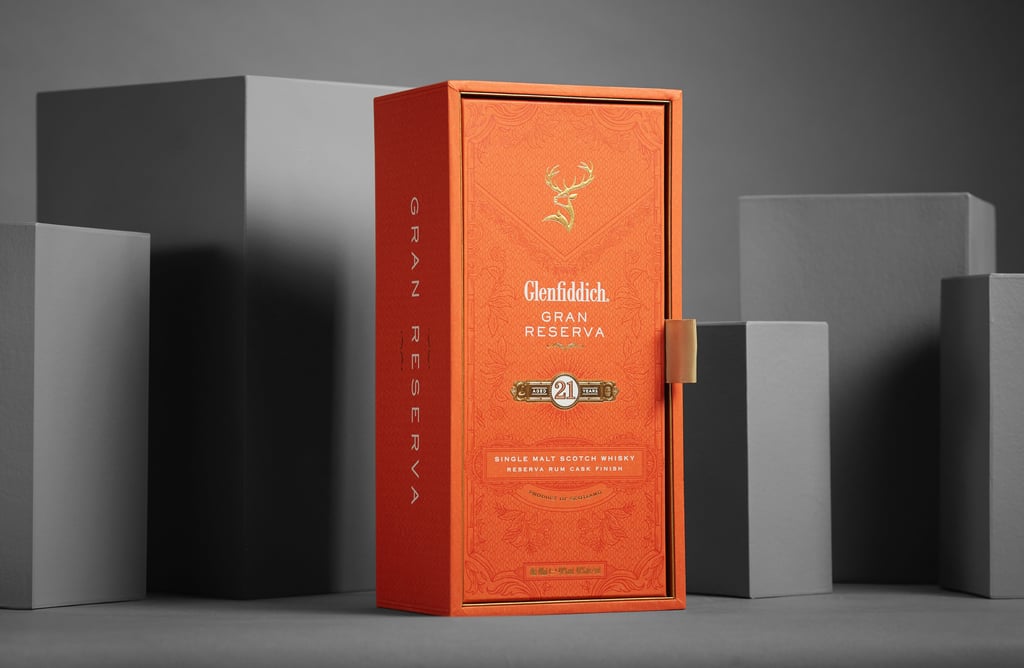 Product Photography of Glenfiddich Gran Reserva whisky packaging, styled with architectural shadows