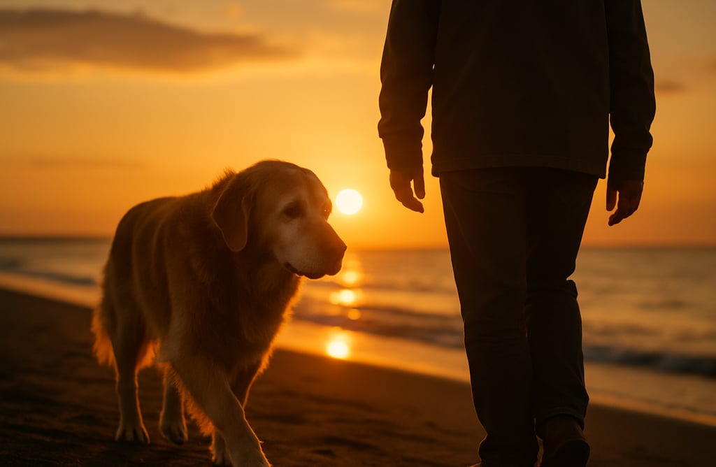 An elderly dog walking beside its owner on the beach.