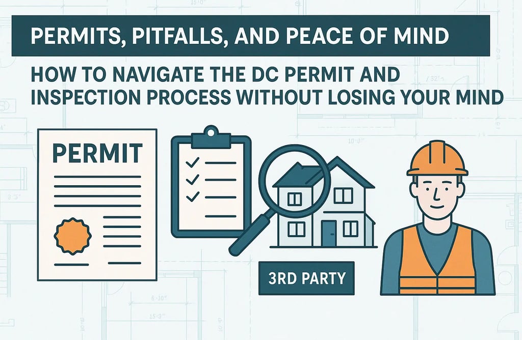 Infographic showing the DC building permit and inspection process, including a permit document, checklist