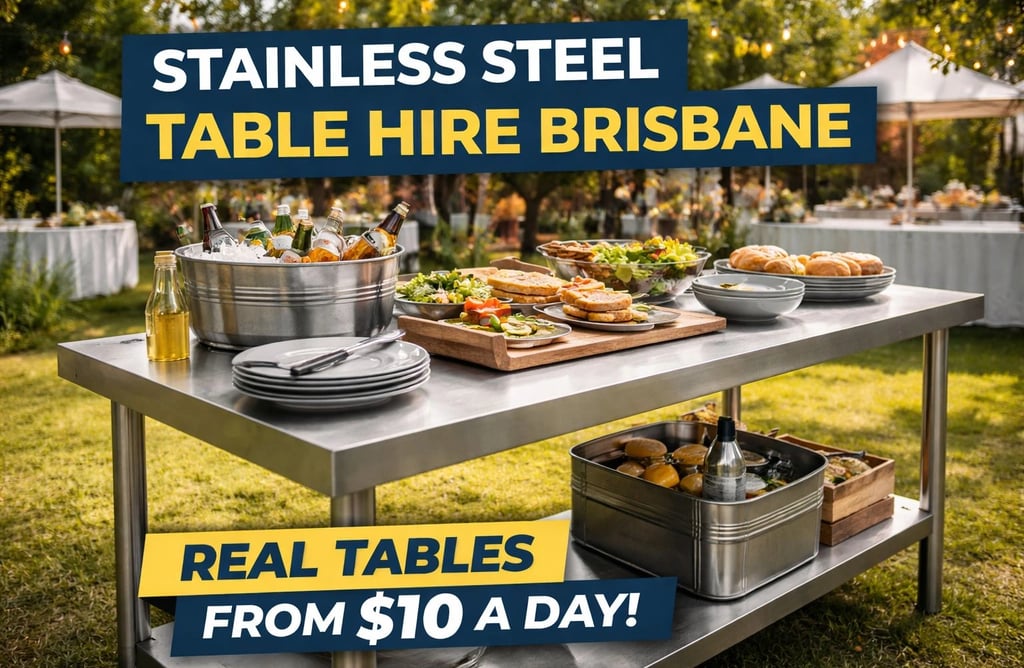 Outdoor stainless steel table hire Brisbane for events and catering.