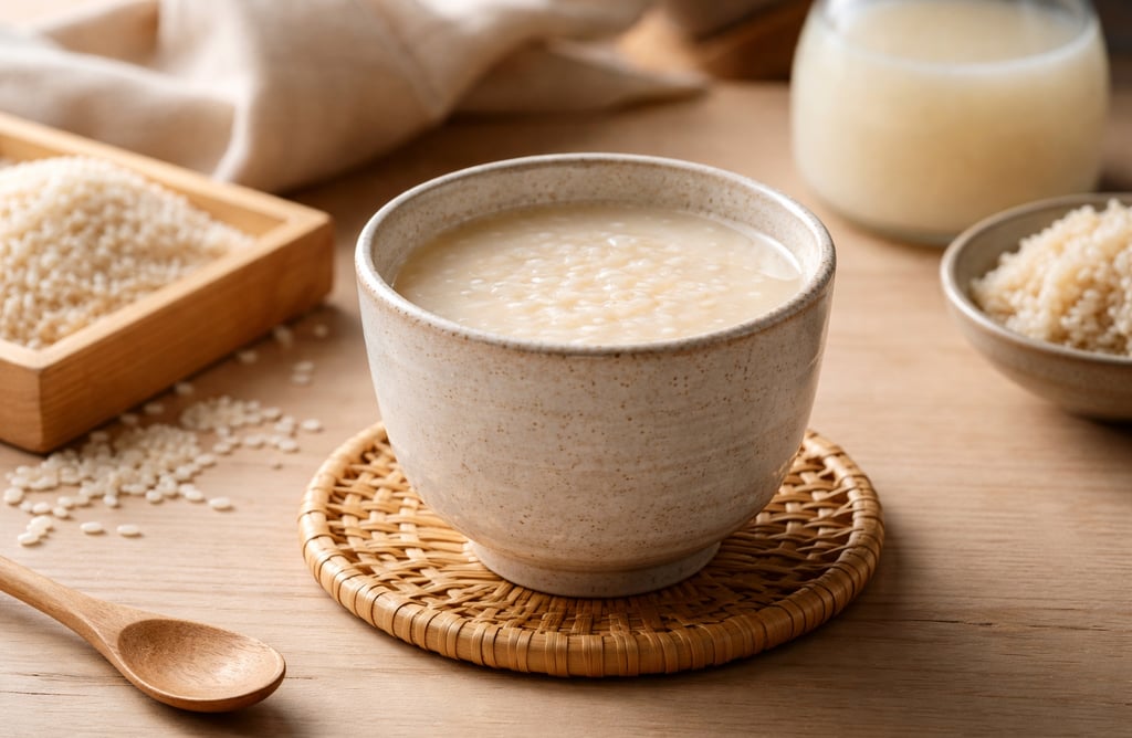 A ceramic bowl of warm Amazake sweet rice drink on a wooden table with raw koji rice.