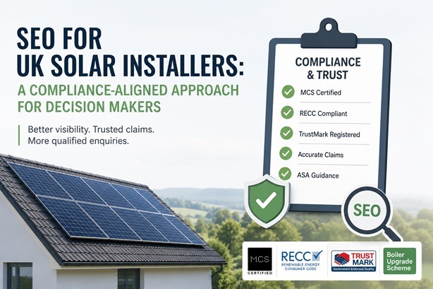 Solar panels on a UK home and compliance checklist highlighting SEO, MCS, RECC and TrustMark Require