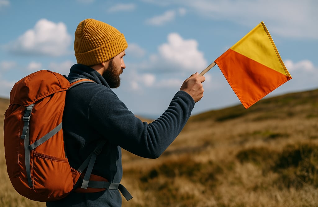 Solo hiker waving orange and yellow flag in dry grassland, signaling for search and rescue in survival situation