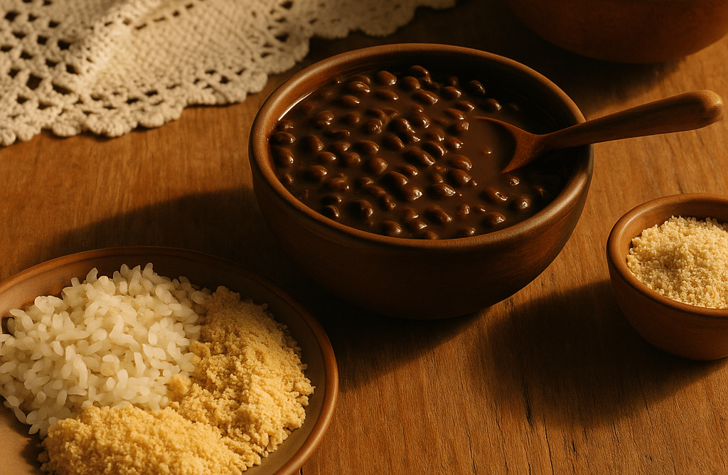 Prato tradicional brasileiro com arroz, feijão e farinha servido sobre mesa