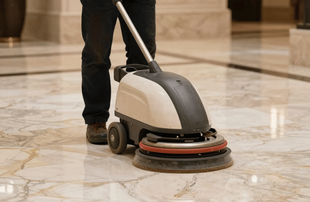 A pristine modern living room gleaming after a deep luxury cleaning, with sunlight reflecting off polished surfaces.
