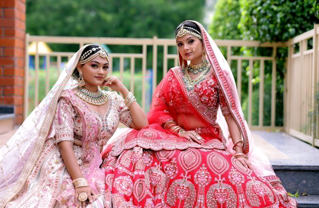 Royal Indian bridal portrait with heavy red pink lehenga, golden dupatta, and regal bridal makeup.
