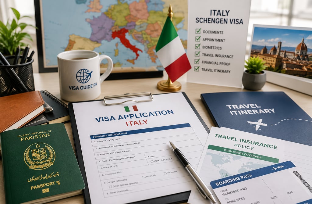 Italy visa application documents for Pakistani applicants including passport, visa form