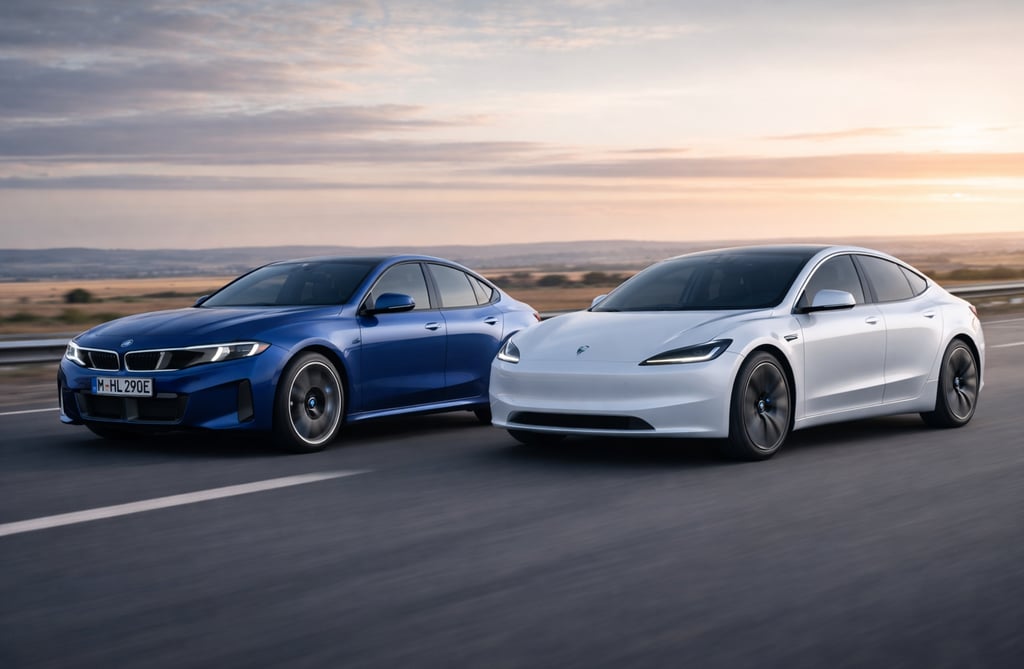 BMW i3 2026 vs Tesla Model 3 lado a lado em comparação na estrada