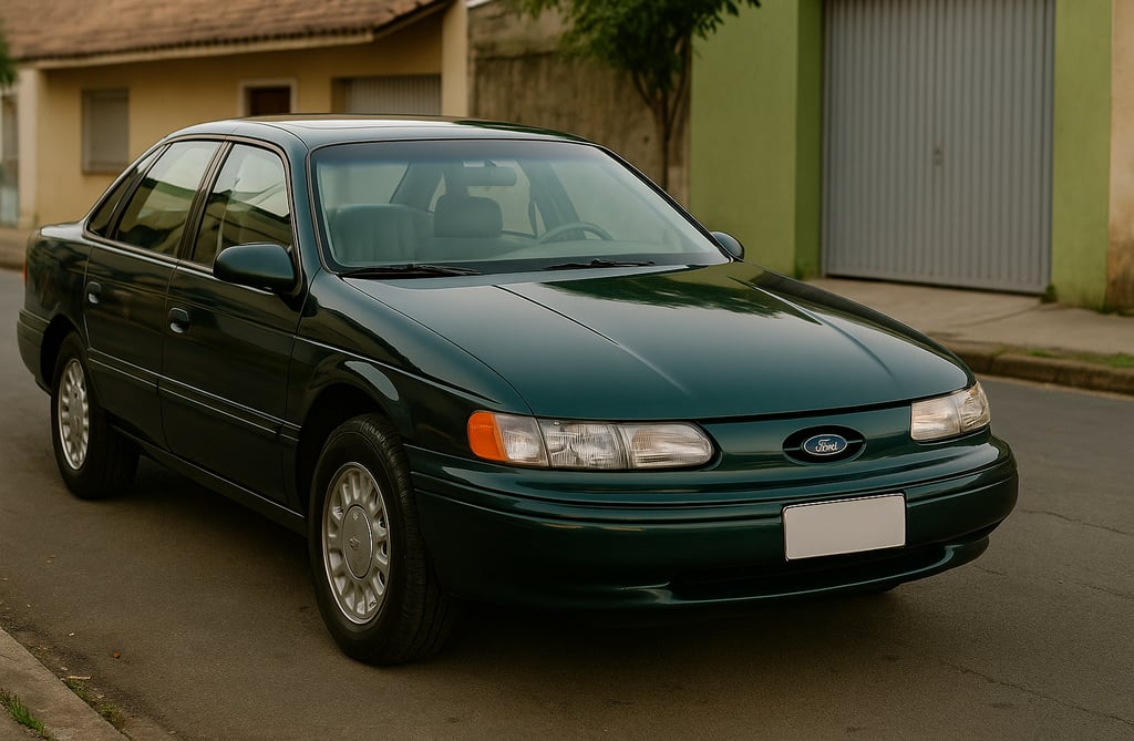 Ford Taurus 1995 verde escuro estacionado em rua residencial brasileira sob luz suave do entardecer.