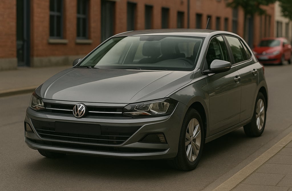 Volkswagen Polo cinza metálico atual estacionado em rua urbana, visto de frente e lateral.