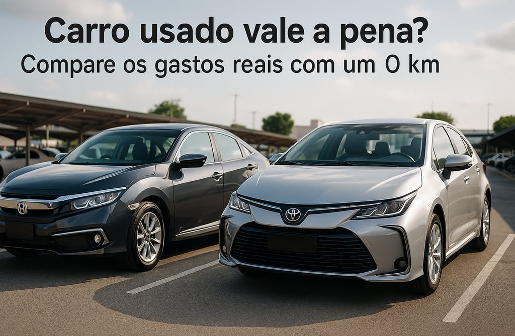 Honda Civic usado e Toyota Corolla 0 km lado a lado em estacionamento, comparação de custos