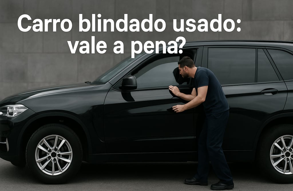 Mecânico inspecionando SUV blindado preto em ambiente urbano, com pergunta sobre compra no topo da i