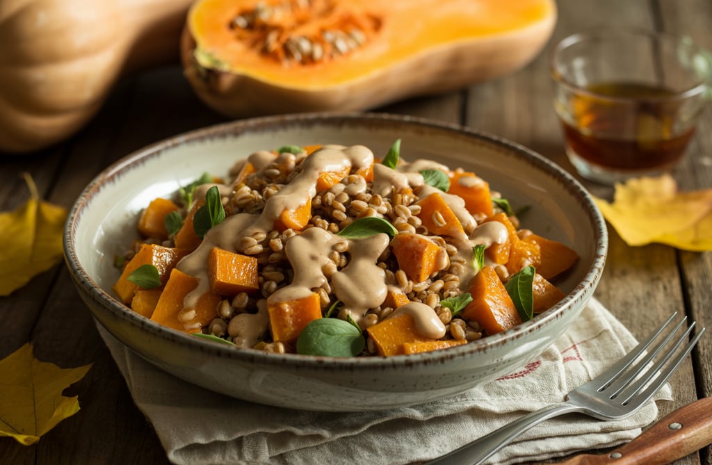 a bowl of food with a fork and knife on a napkin