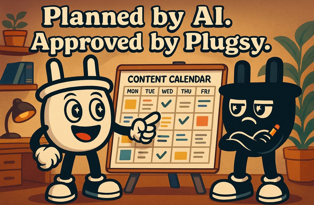 Plugsy excitedly presents a colorful weekly content calendar while Smugsy skeptically evaluates it w