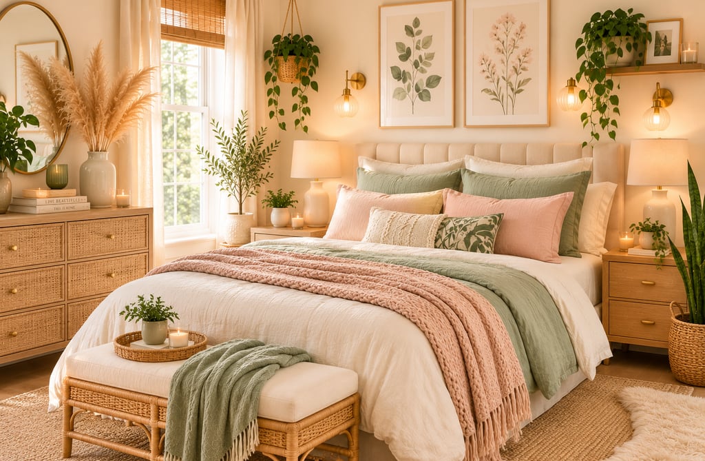 cute bedroom ideas with sage green and cream color palette and natural textures
