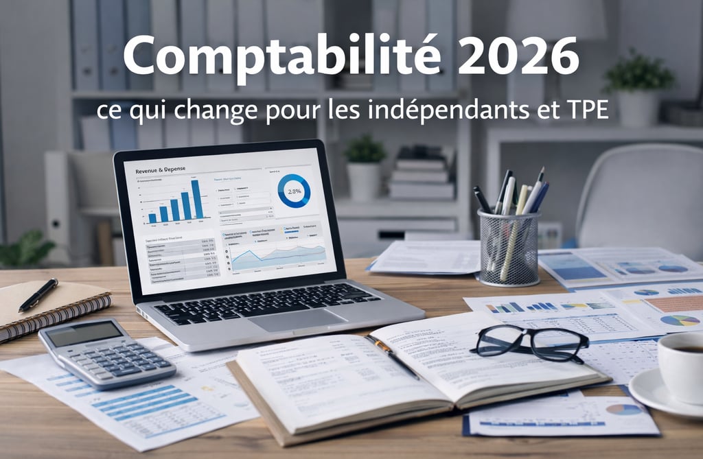 Illustration de la comptabilité 2026 pour les indépendants et TPE : organisation comptable, charges,
