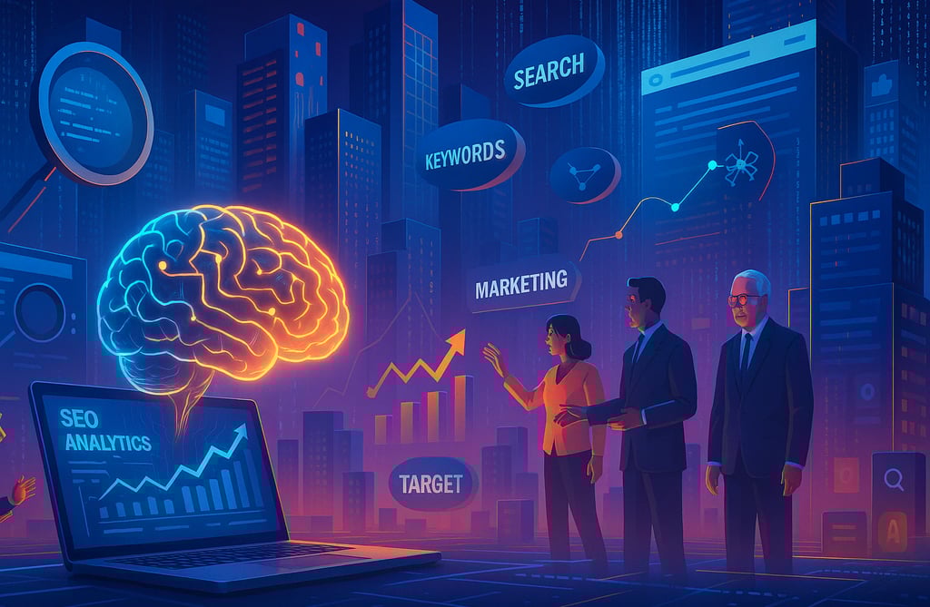 Futuristic AI-driven marketing scene with SEO data and a digital city skyline.