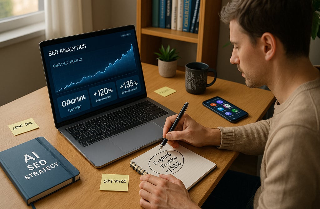 Business owner analyzing AI SEO dashboard on laptop, showing organic traffic growth