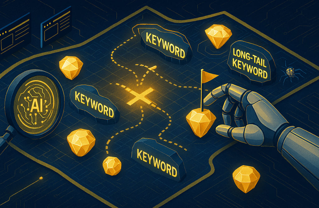 Magnifying glass highlighting profitable keywords on digital marketing strategy map