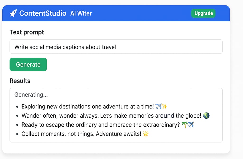  A graphic showing the ContentStudio AI Writer interface with example captions being generated