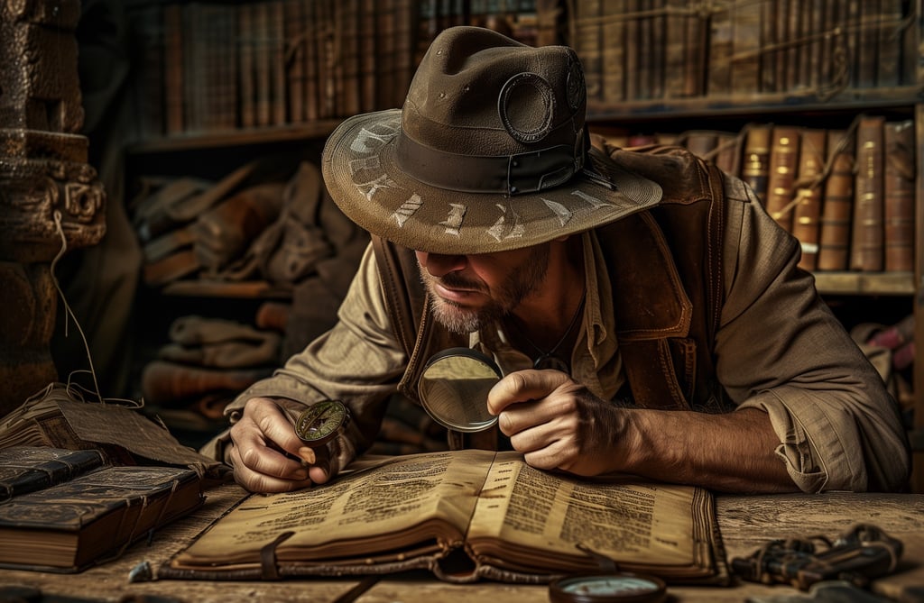 An adventurer in a dusty old library seeking clues to find a lost treasure
